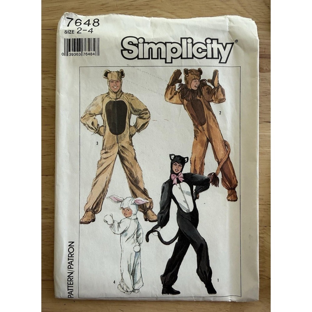 Simplicity Pattern 7648 Animal Cat Lion Bear Rabbit‎ Costume Unisex Kids 2-4 CUT